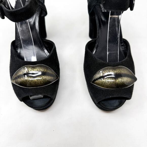 [Sonia Rykiel] Black Gold Lips Suede Leather Open Toe Platform Heels Sz 38 US 8 - Picture 6 of 12